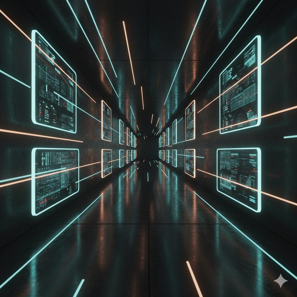 Open-data hall with interconnected knowledge nodes.